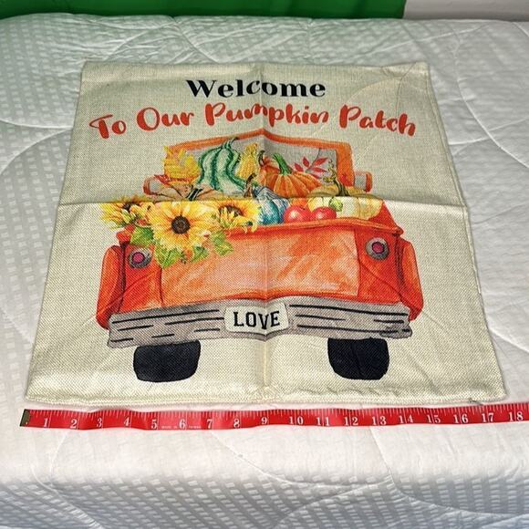 NWT Fall Pillow Sham “Welcome To Our Pumpkin Patch 18” x 18” Truck squash - Picture 6 of 11